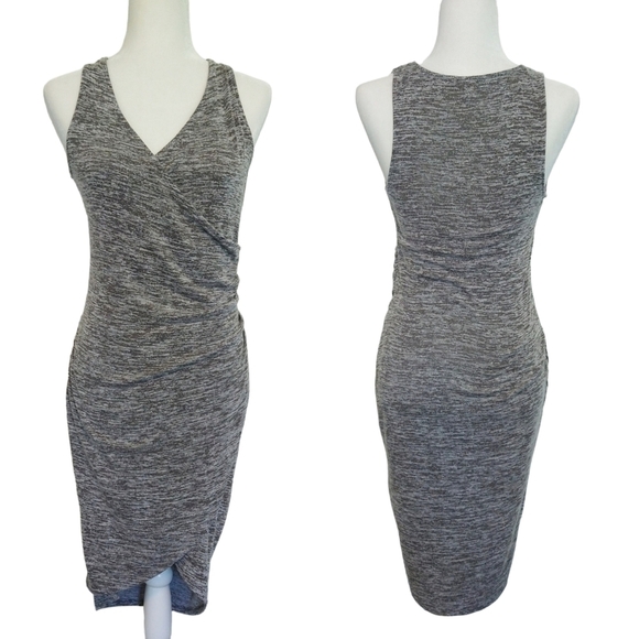 Leith Gray Space Dye Sleeveless Crossover Ruched Tulip Hem Dress Stretchy Modern - Picture 1 of 5